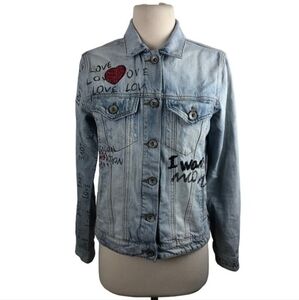 Desigual Womens Denim Button-up Jacket Pockets Peace Heart Love Size XS